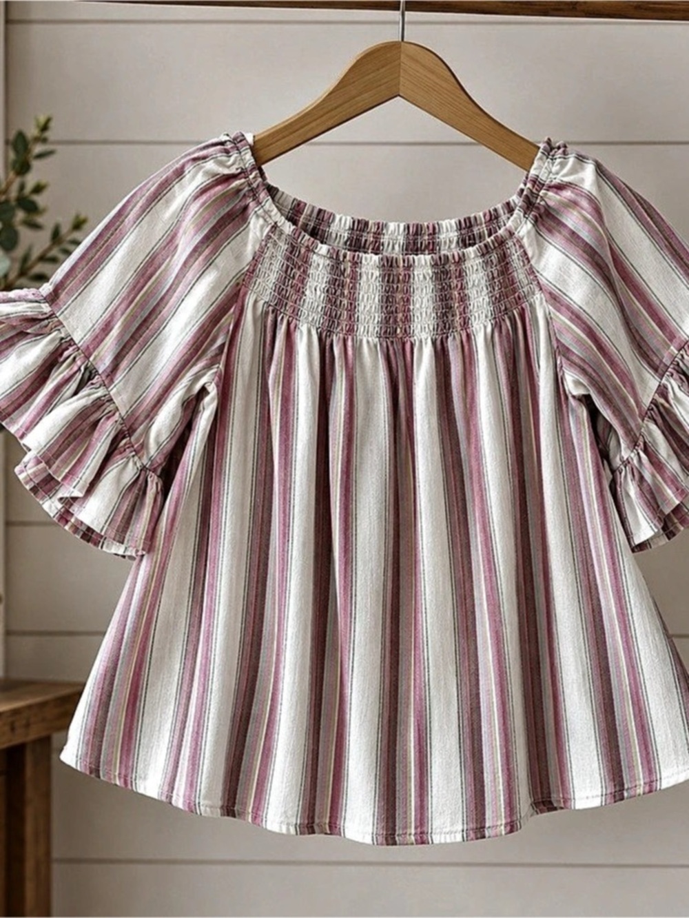 Linda Anderson Women's Ruffle Sleeve Top Striped Ruffle Sleeve Top in Pink & Whi